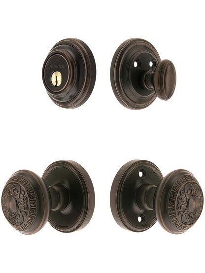 Grandeur Georgetown Entry Door Set, Keyed Alike with Windsor Knobs in Oil-Rubbed Bronze.